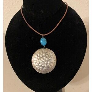 Silpada Turquoise and Silver Hammered Disc Leather Cord Necklace